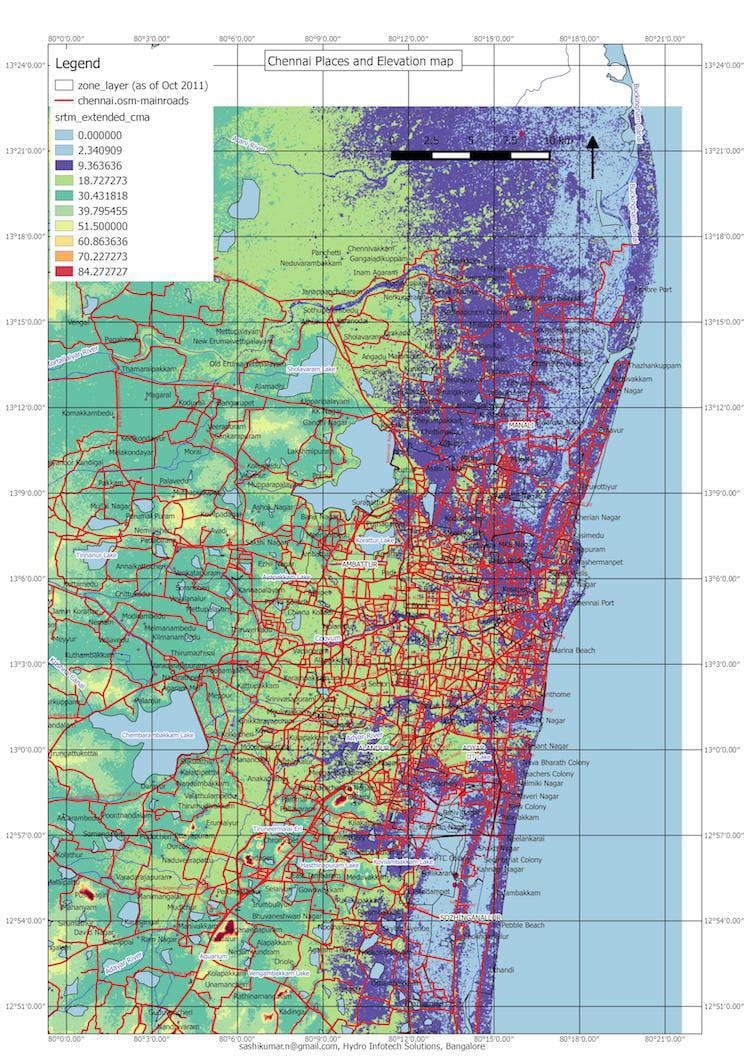 vloed kaart van Chennai