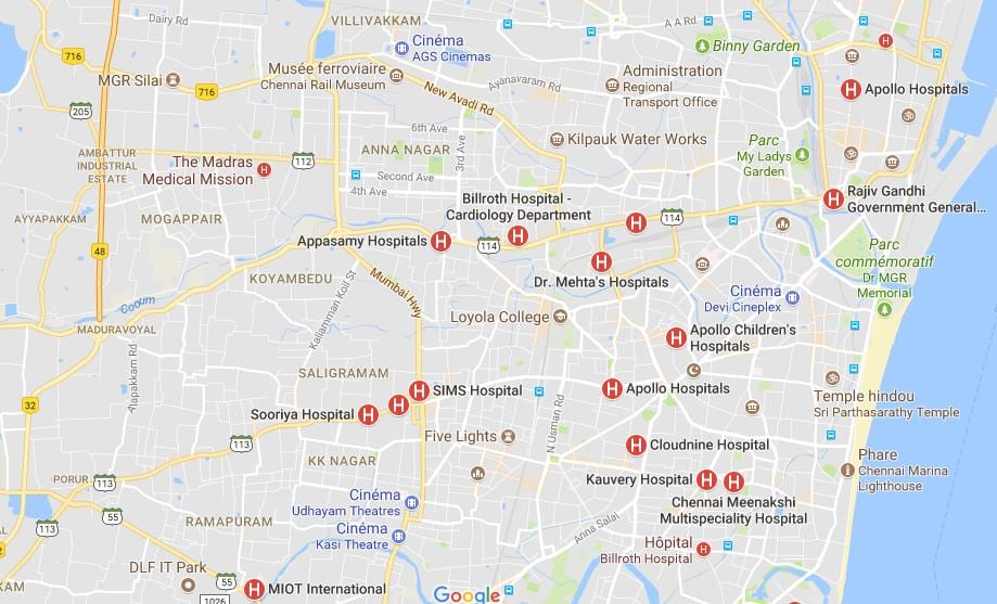 kaart van Chennai Hospitale 